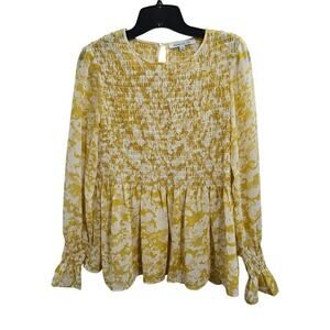 Rose + Olive Yellow Smocked Babydoll Bishop Long Sleeve Top. Size Small